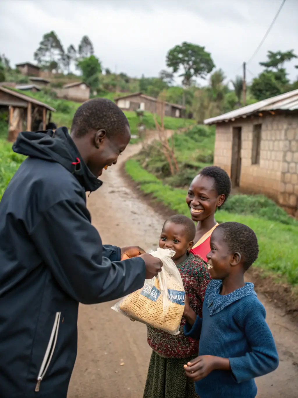 A photograph capturing RAID OF THE LION volunteers distributing essential supplies to a remote village during a humanitarian rally raid in Africa. The image should convey a sense of hope, collaboration, and positive impact.