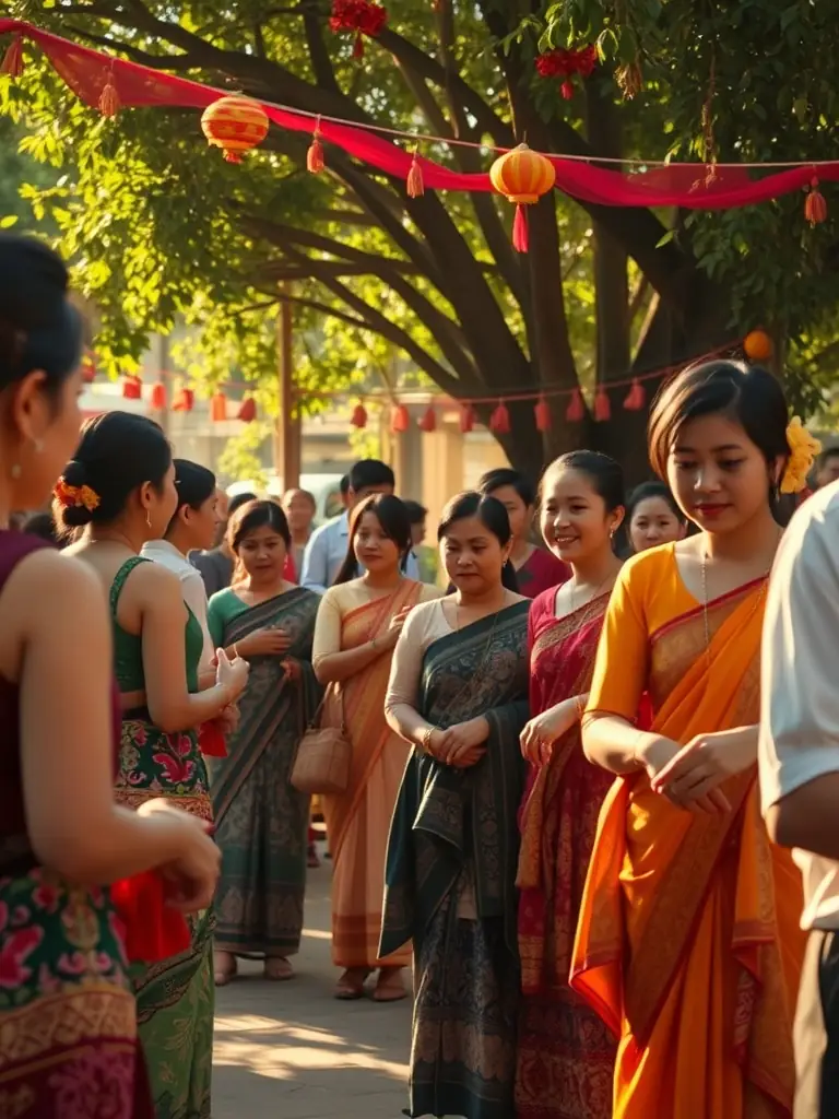 A photograph showcasing a cultural exchange event organized by RAID OF THE LION, featuring volunteers and local community members sharing traditions, music, and dance. The image should capture the spirit of intercultural understanding and respect.