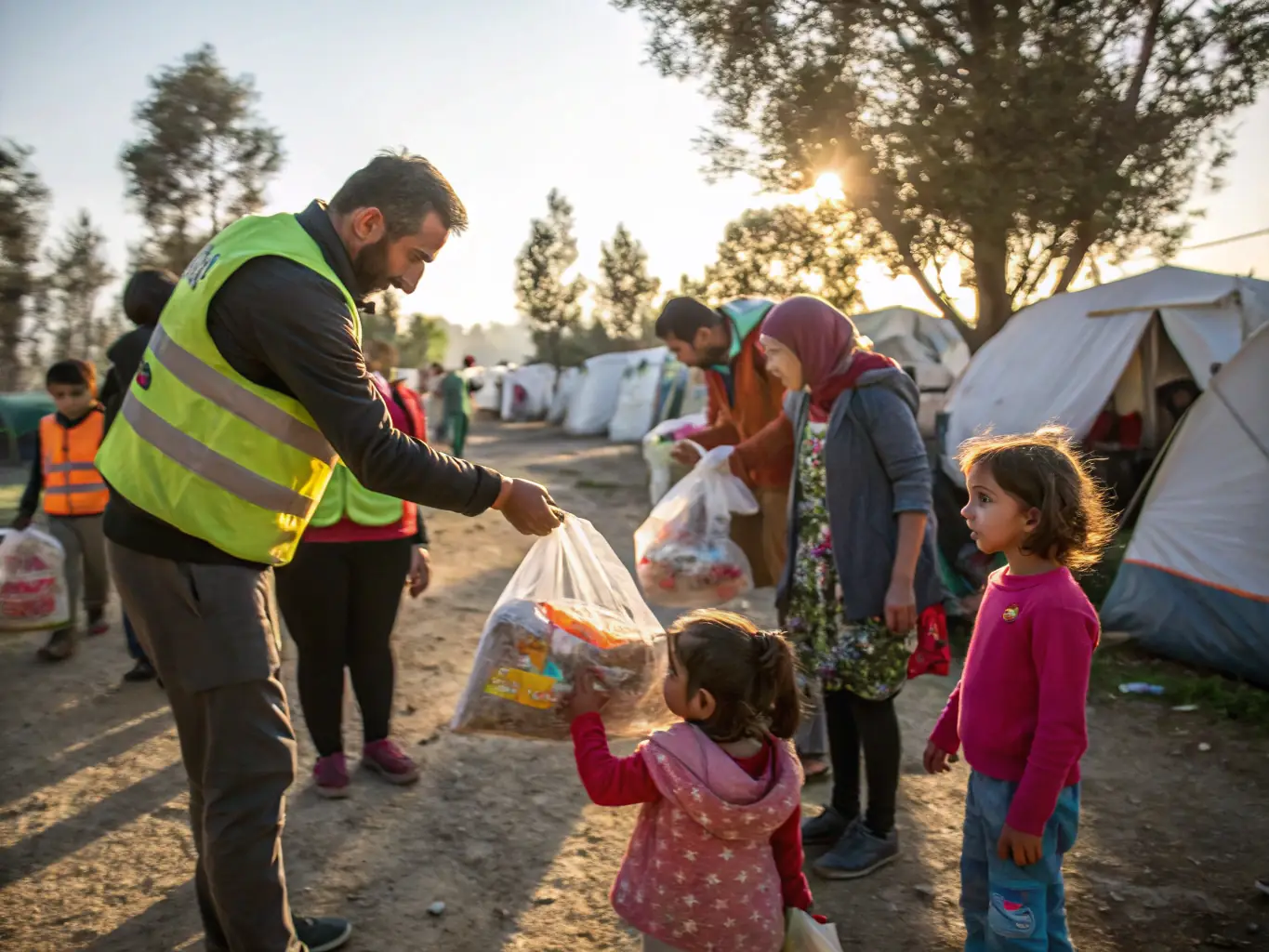 A vibrant image depicting volunteers distributing essential supplies to a local community during a RAID OF THE LION (ROTL) humanitarian rally raid. The scene should convey a sense of hope, collaboration, and positive impact.