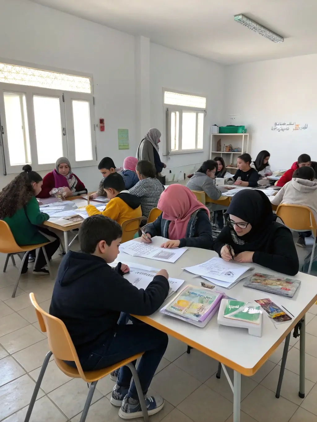 A photo of local children participating in an educational workshop organized by RAID OF THE LION volunteers in a community center. The image should highlight the joy of learning and the empowerment of education.