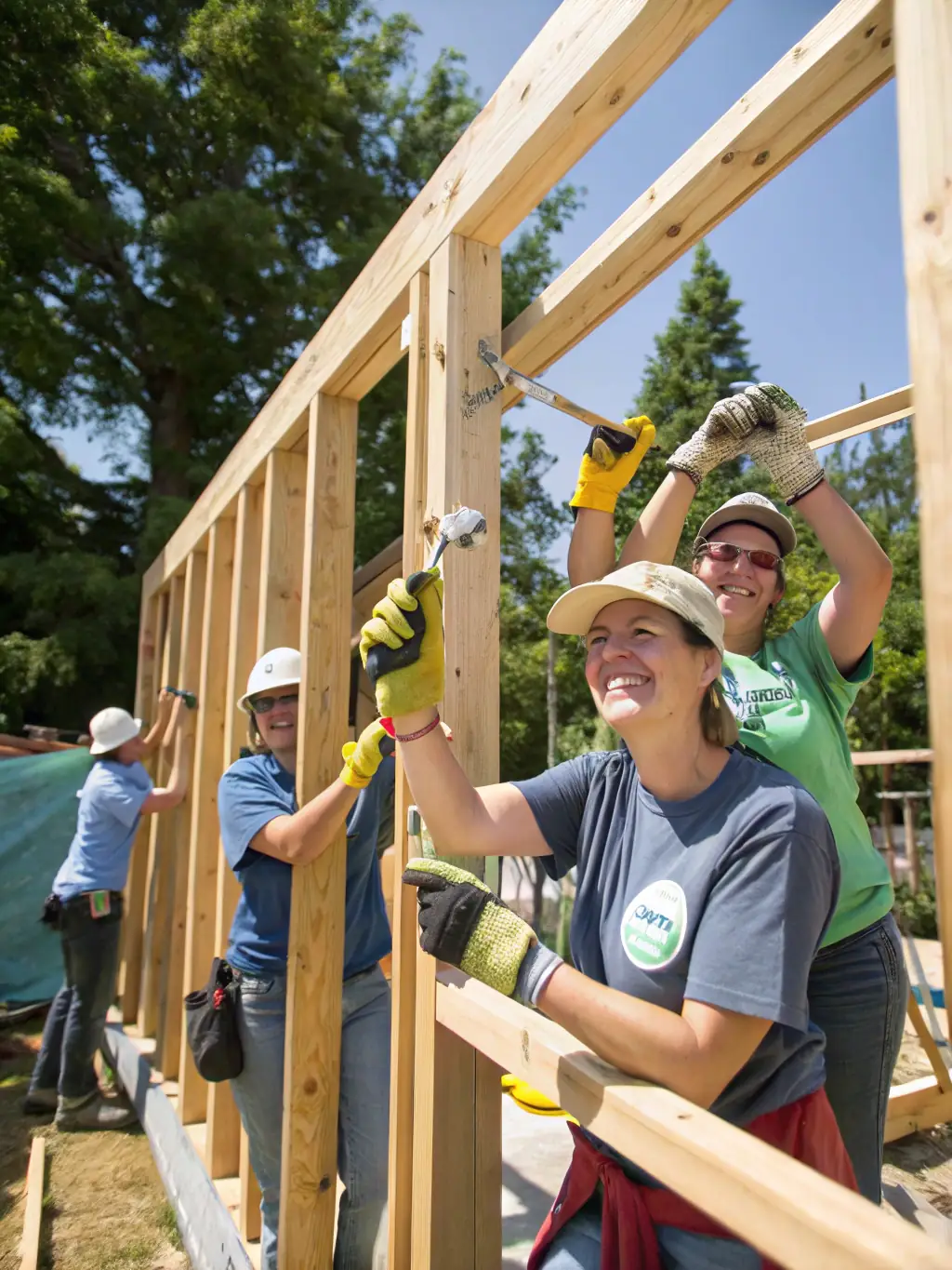 A photo of RAID OF THE LION volunteers working alongside community members to build or renovate a local school or healthcare facility. The image should emphasize the collaborative effort and the tangible improvements made to community infrastructure.