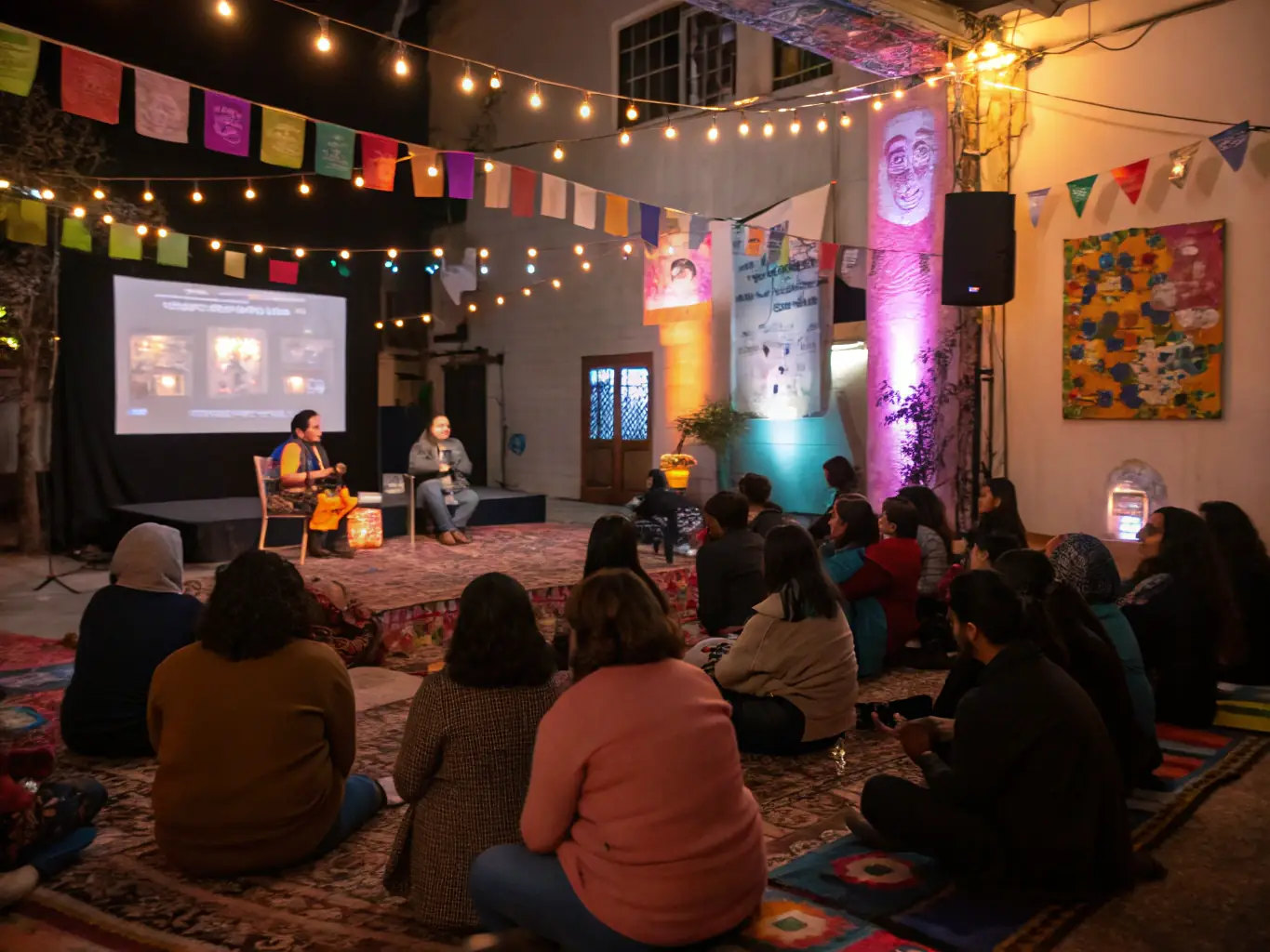 A photograph showcasing a cultural exchange event organized by RAID OF THE LION, featuring participants from different backgrounds interacting and sharing their traditions. The image should highlight the spirit of understanding, respect, and global citizenship.