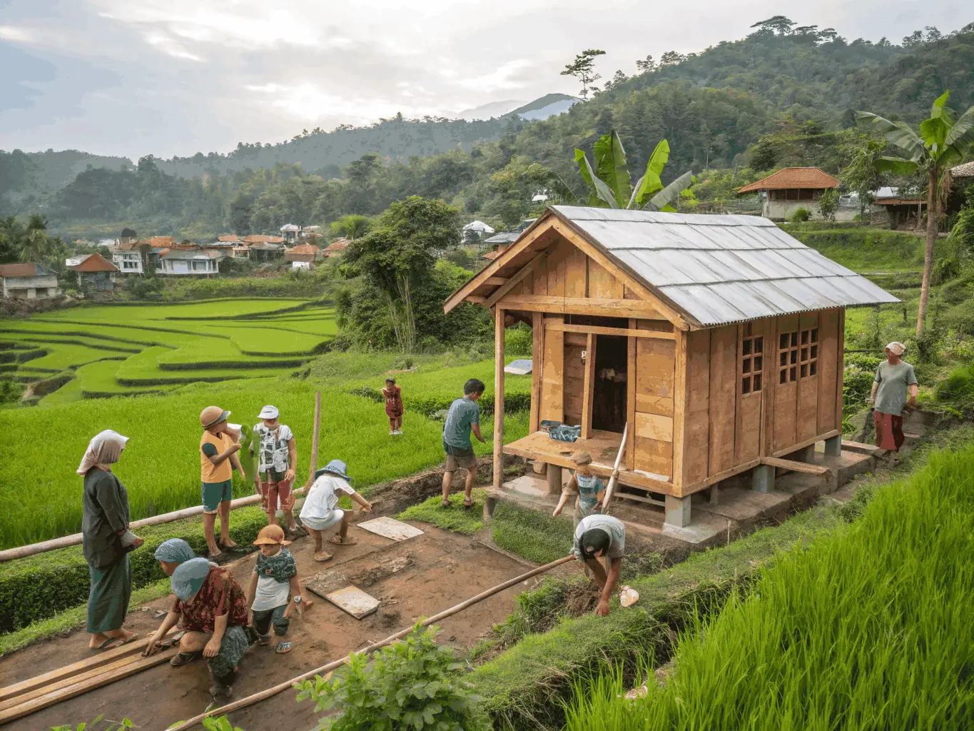An inspiring image featuring volunteers working together on a community project, such as building a school or repairing infrastructure, during a RAID OF THE LION (ROTL) initiative. The image should emphasize teamwork, dedication, and community empowerment.