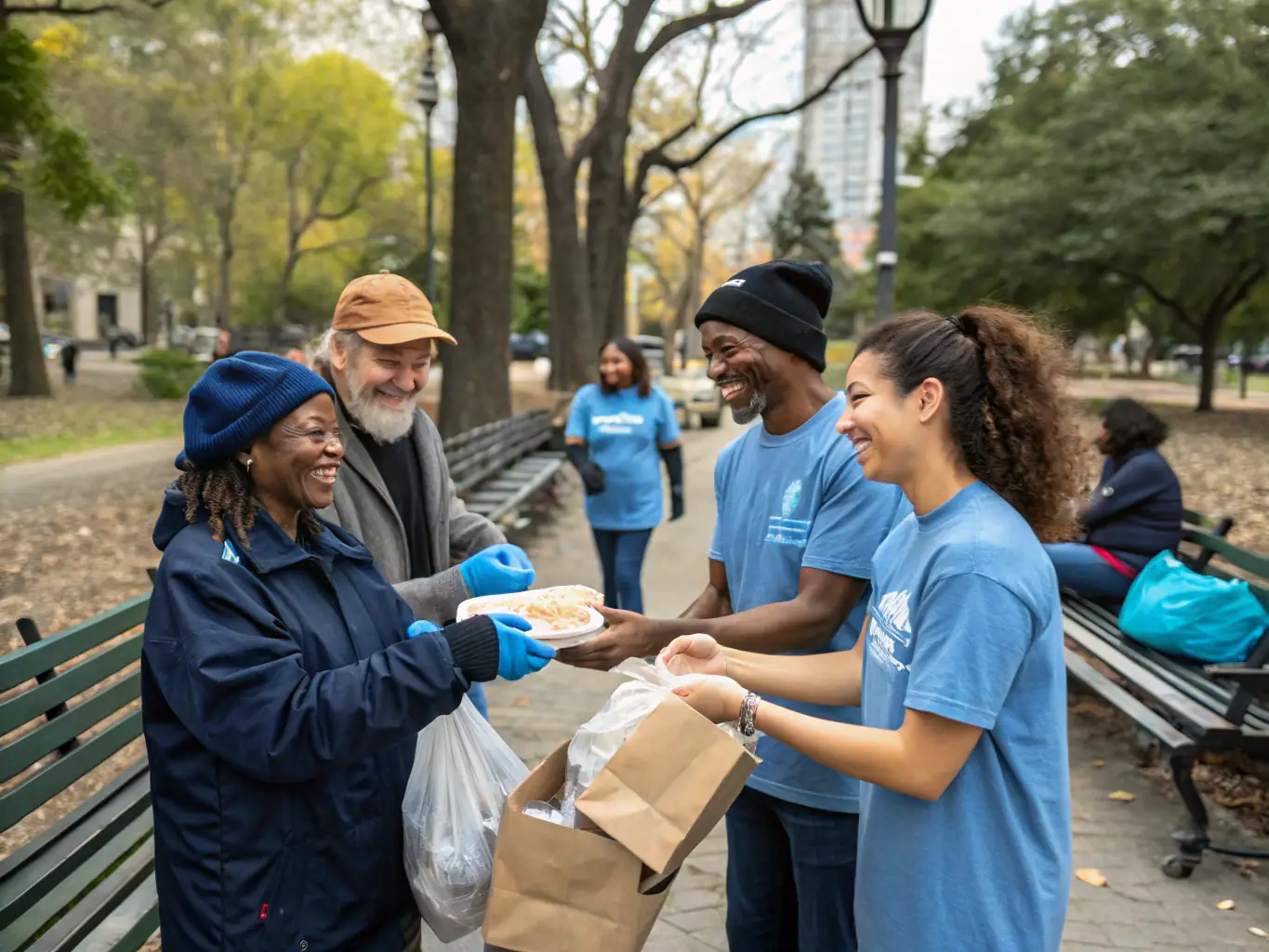 A vibrant photo capturing volunteers distributing essential supplies to a local community during a RAID OF THE LION rally raid. The image should convey a sense of hope, collaboration, and the direct impact of the organization's efforts.