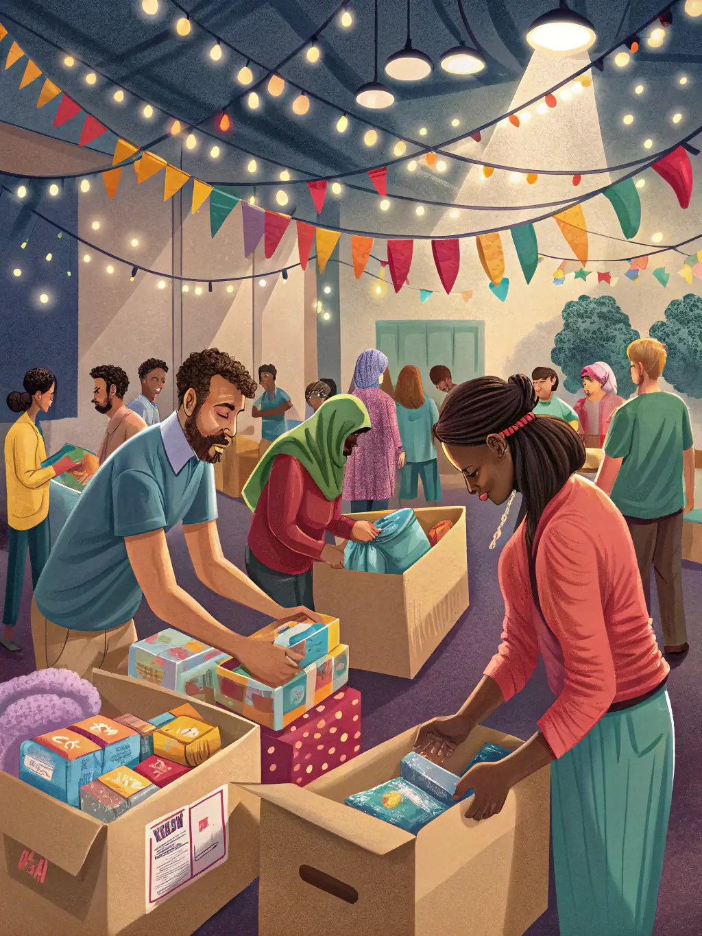 A vibrant image of volunteers packing essential supplies into rally vehicles, ready for distribution to underserved communities. The scene captures the energy and collaborative spirit of ROTL's humanitarian efforts.